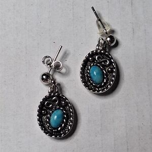 Vtg Sarah Coventry Earrings Indian Maiden Silver Faux Turquoise Drop Post
